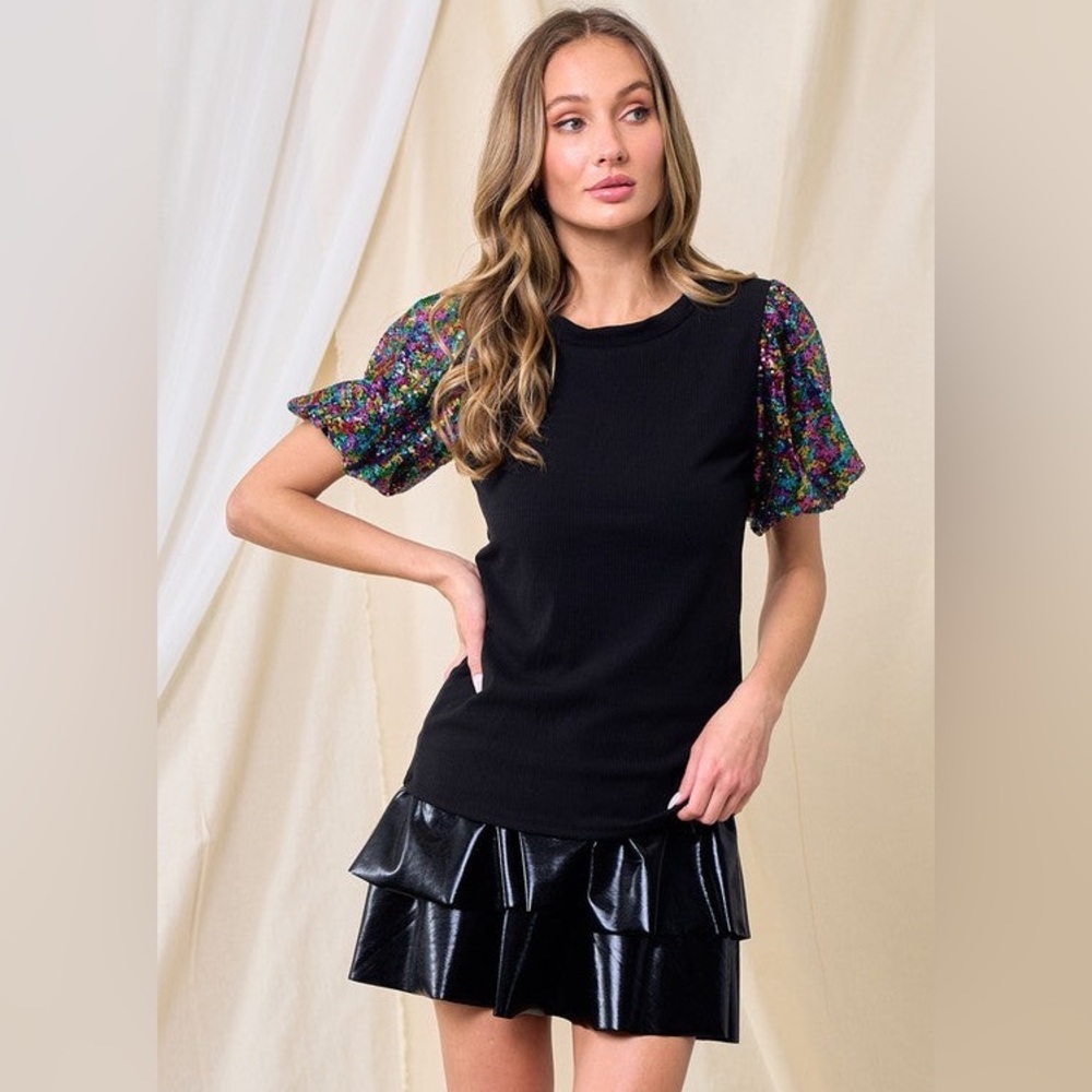 BOUTIQUE Elliana Black Multi Color Rainbow Sequin Puff Sleeve Fitted Top XL - Picture 9 of 12